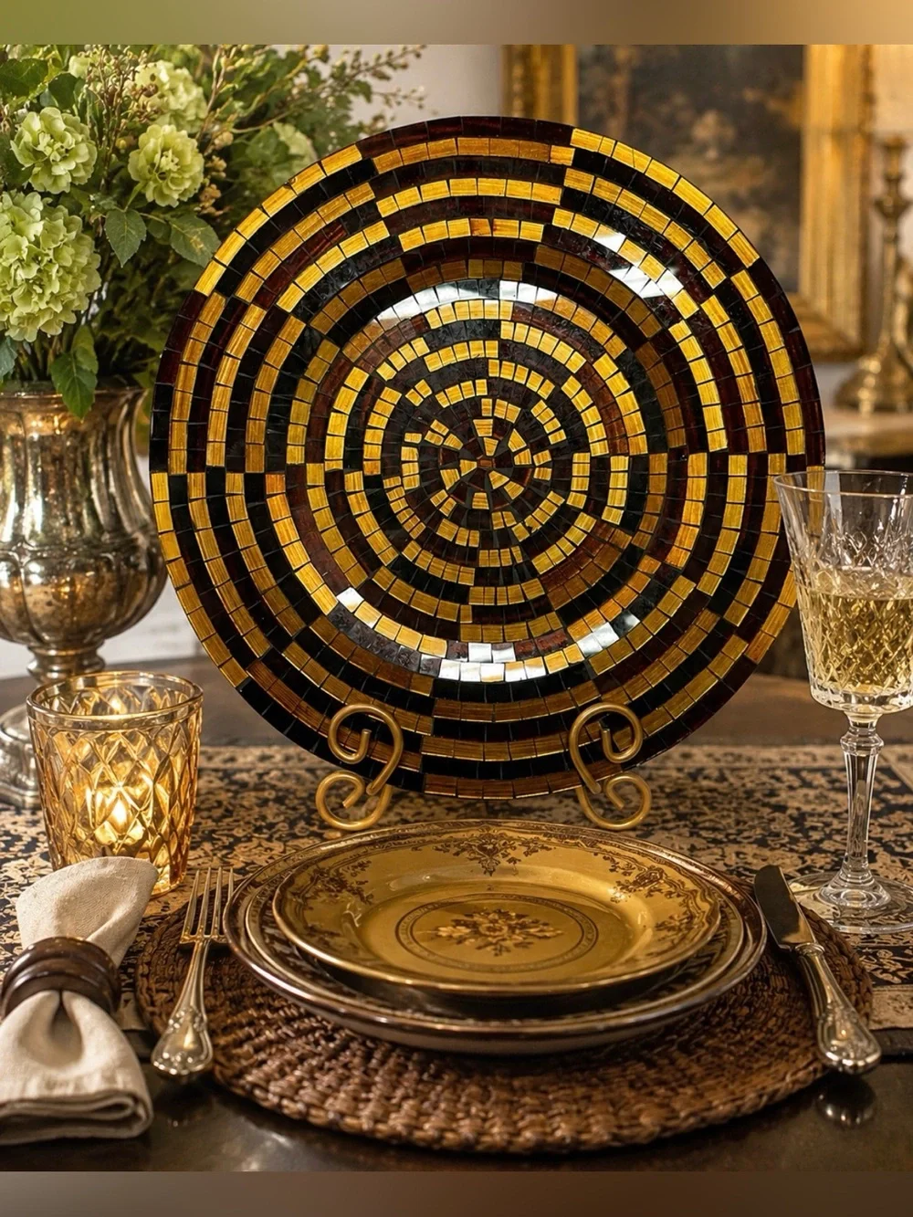 Vintage Mosiac Charger Decor in Rich Amber-orange,Bronze, Brown & Black 12.5”